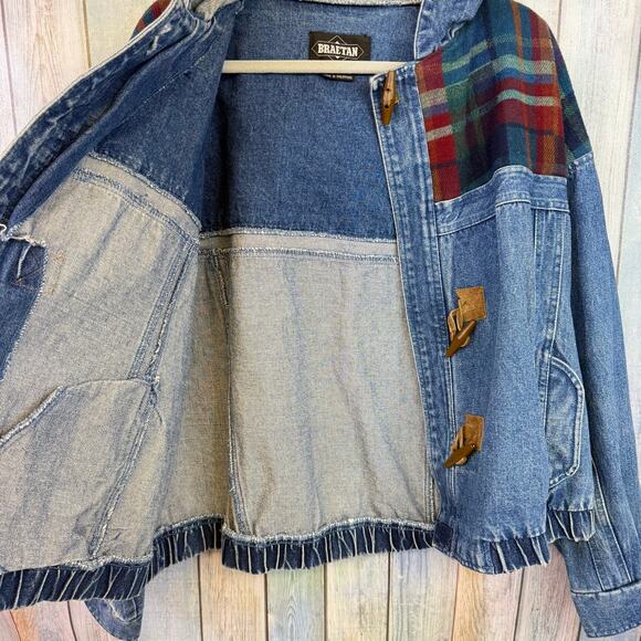 Braetan Vintage Denim Jacket Large Plaid Flannel Blue Jean 90s Hoodie Coat - Picture 2 of 10
